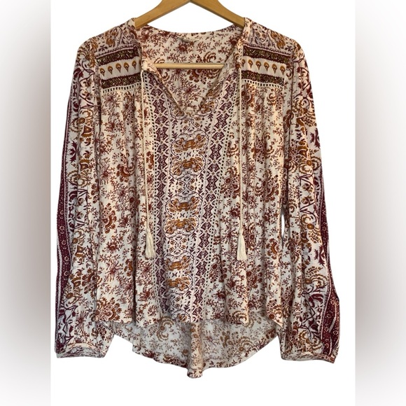 Lucky Brand Boho Floral Flowy Blouse Medium Bohemian Hippie Southwestern Tassels - Picture 1 of 10